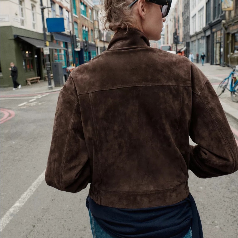 Zara Brown Real natural Suede bomber Jacket size S - Picture 9 of 11